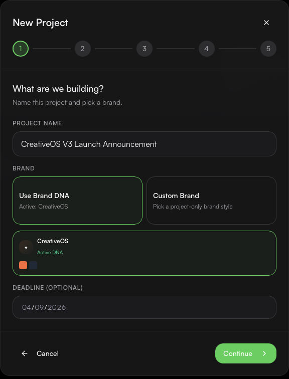 CreativeOS Projects: Name your project and select Brand DNA