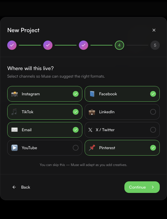 CreativeOS Projects: Select channels β Instagram, Facebook, TikTok, Email